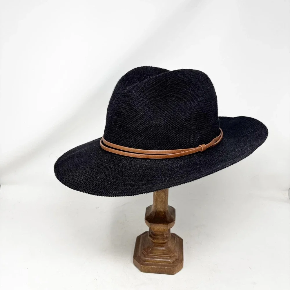 Anthropologie Black Fedora Hat One Size Brown‎ Faux Leather Band Cotton Mesh